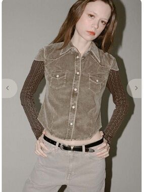 Our Legacy Taupe Corduroy Button-Down with Brown Knit Sleeves